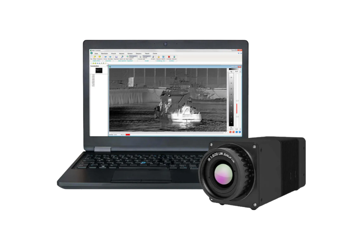InfraTec VarioCAM HDx head security 600 camera beside laptop displaying IRBIS 3 software interface