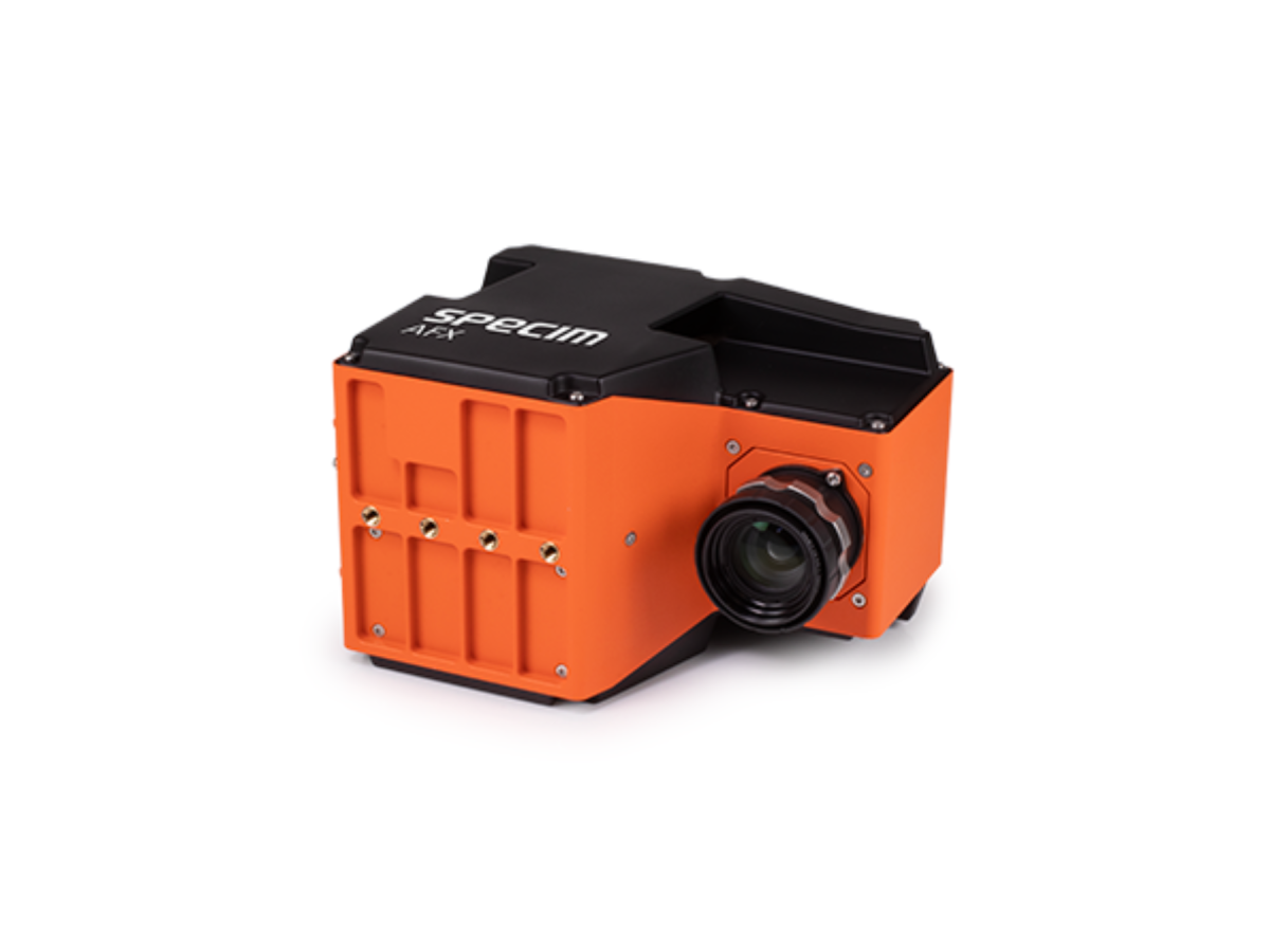 Orange and black specim AFX camera unmounted sitting on it's side