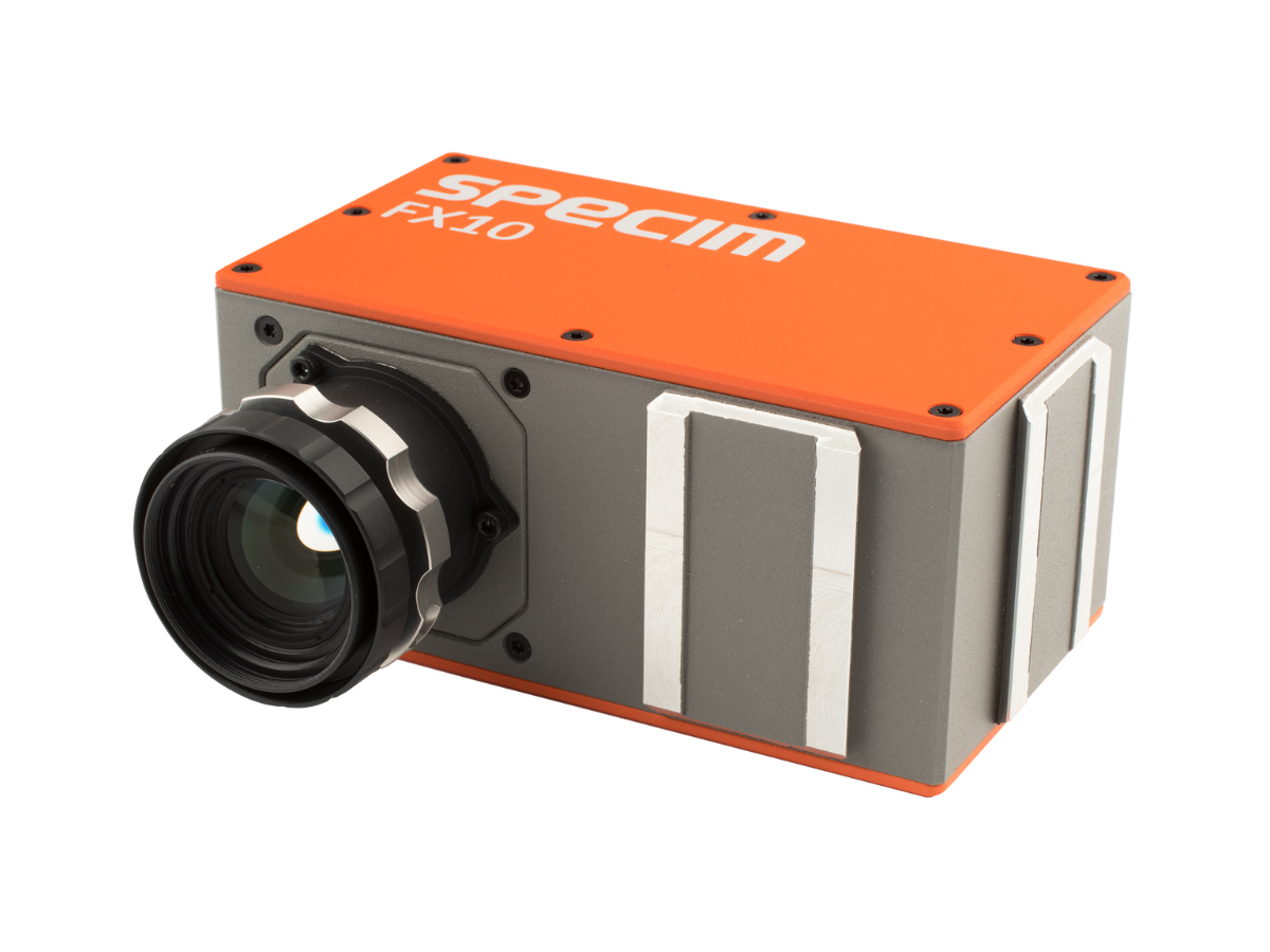 Specim FX10 camera with mounted lens on white background.