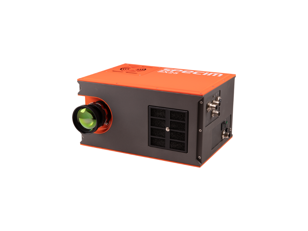 Specim SX25 swir hyperspectral camera with orange and grey body and mounted objective lens