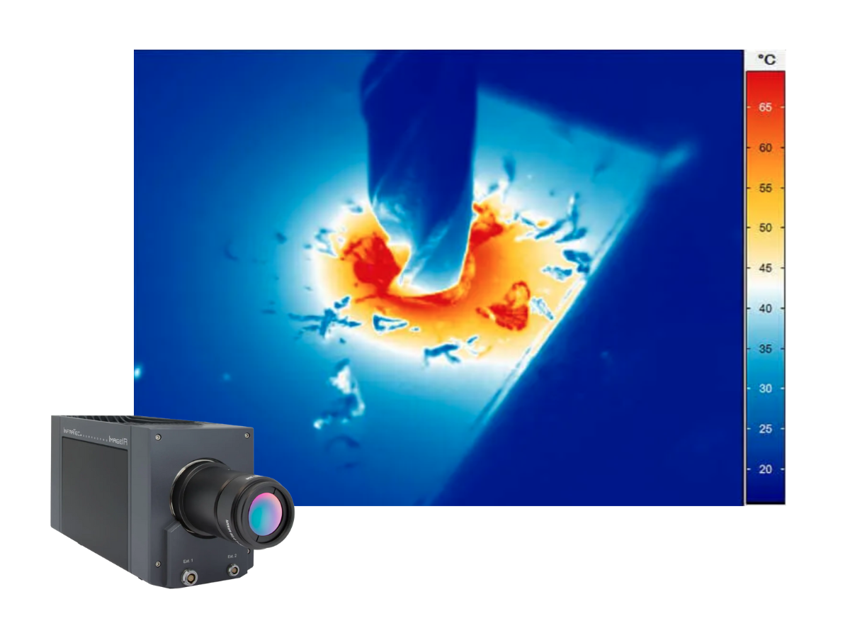 InfraTec ImageIR 4300 camera beside thermal image of drill cutting into material