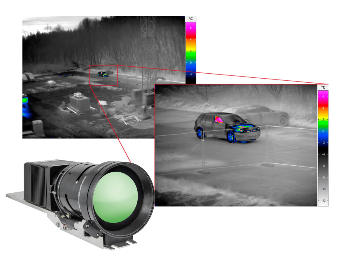 InfraTec VarioCAM HD Z security camera beside two thermal images of a car and close up car