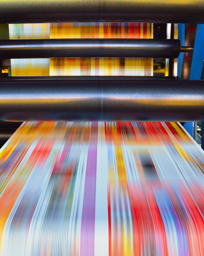 Colour printing paper moving through commercial printer setup