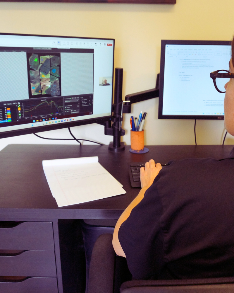Person viewing virtual training on monitor while sitting at desk