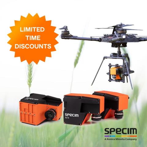 Specim AFX cameras with mounted lenses. Specim AFX camera mounted on drone with gimbal. Orange banner reading Limited Time Discounts.