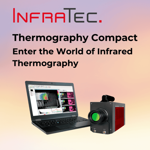 Image showing infrared camera and imaging software on laptop with title InfraTec Thermography Compact Enter the World of Infrared Thermography