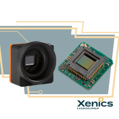 Xenics Dione XP OEM and CAM LWIR Infrared Cameras on a turquoise and yellow banner background